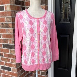 Talbots Pink Silk Blend Argyle Knit Sweater